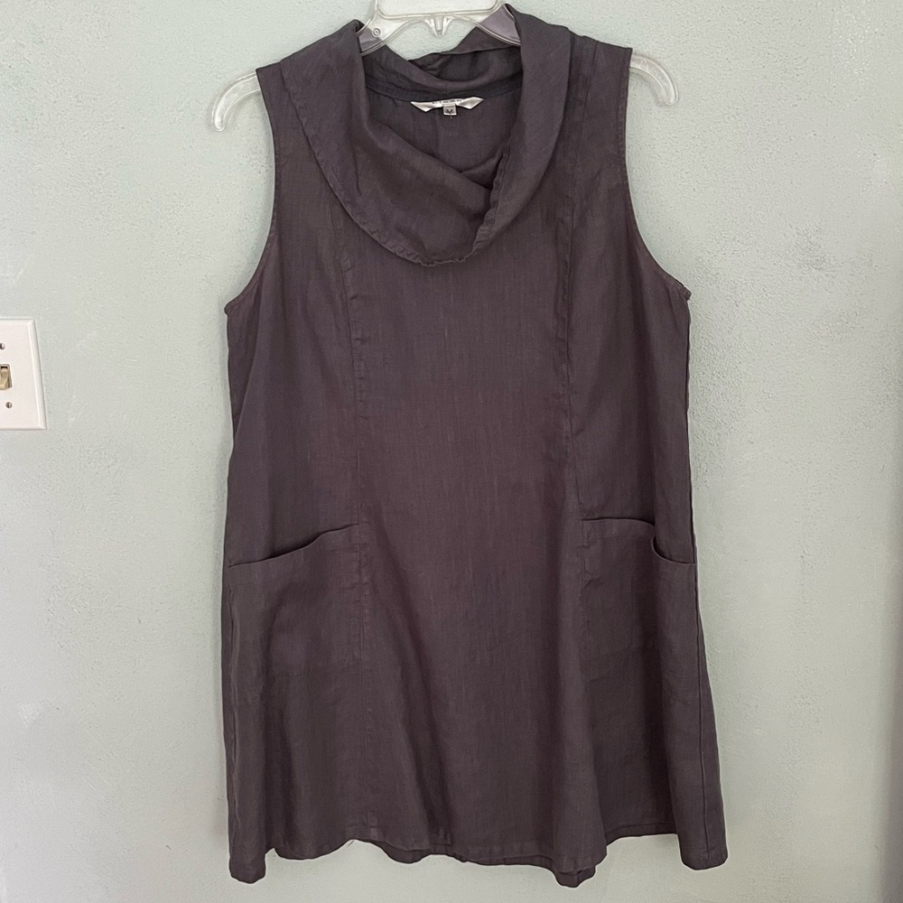 Kleen 100% Linen Cowl Neck A-Line Lagenlook Sleeveless Dress Coastal Grandma M
